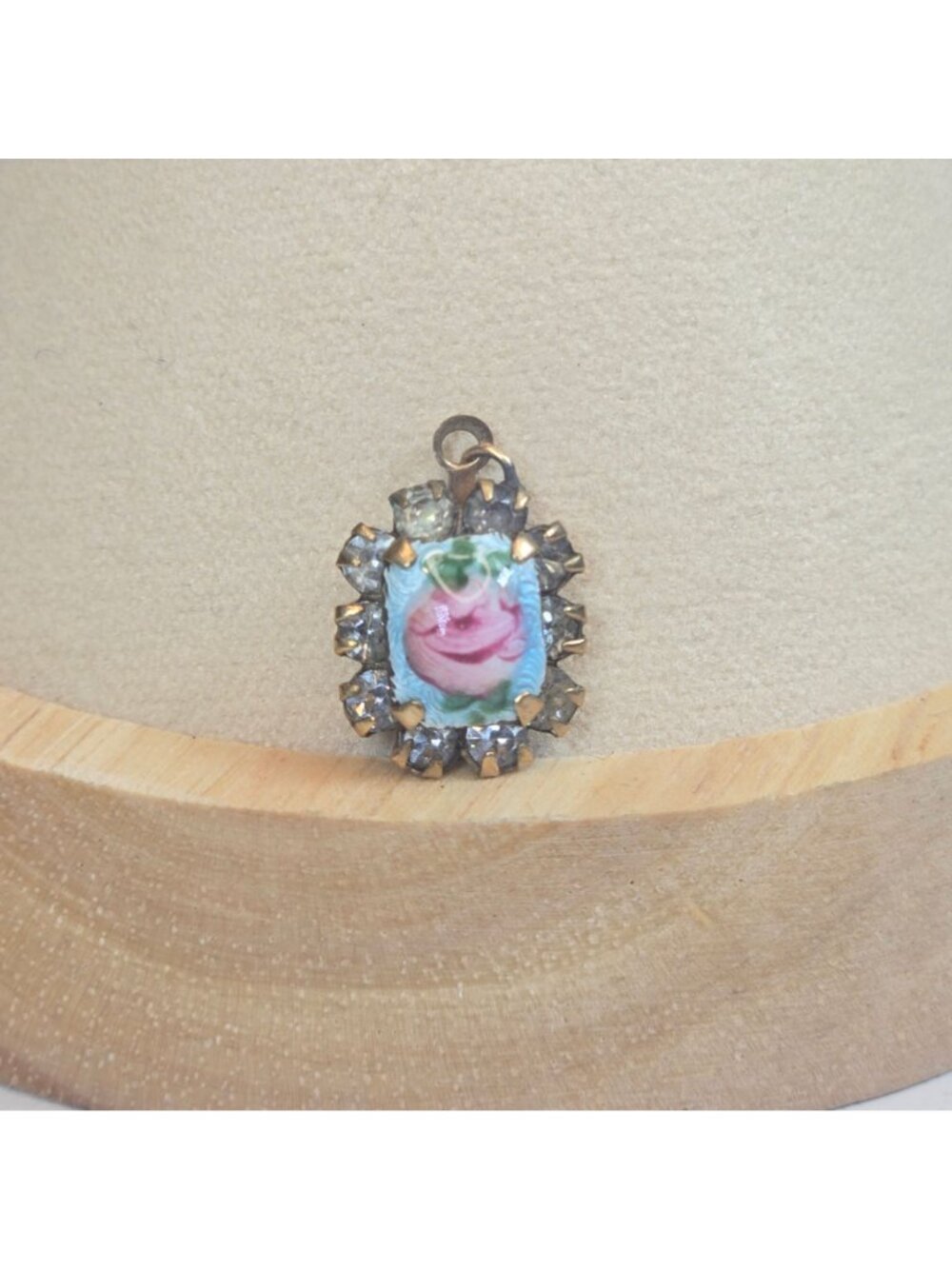 Vintage Guilloche Enamel Pink Rose Pendant Rhinestone Charm Art Deco Style READ - Picture 4 of 8
